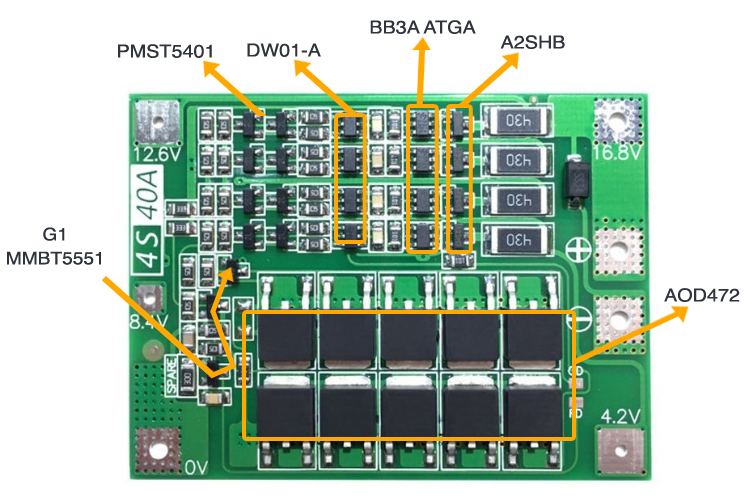 Komponenty použité v module 4S 40A BMS