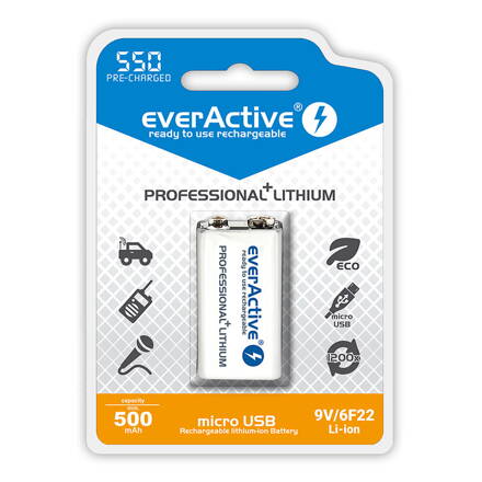Akumulátor everActive Li-Ion 6F22 / 9V 550 mAh USB s ochranou