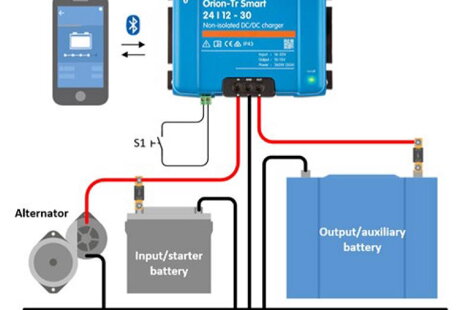 Schéma zapojenia Victron Orion DC-DC nabíjačky s meracími bodmi pre kontrolu výstupného prúdu a optimalizáciu nabíjania batérie