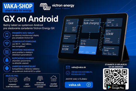 Bežný Android tablet zobrazuje údaje a stav Victron Energy GX systému pre jednoduché sledovanie a monitorovanie batérií a výkonu